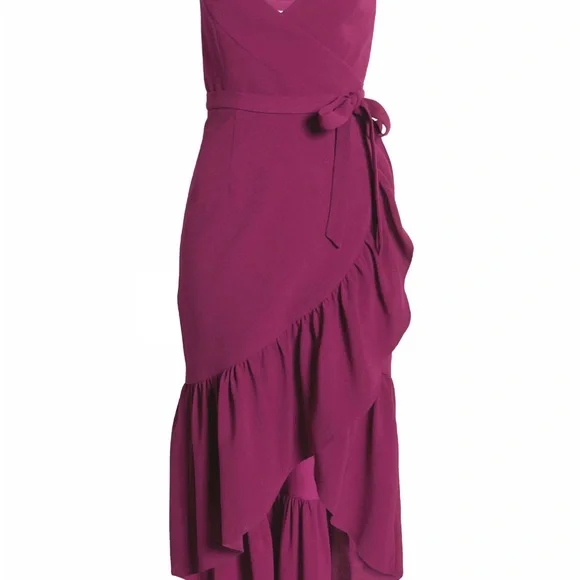 DRESS THE POPULATION Delphine Crepe Wrap Midi Dress dark magenta v neck elegant - Picture 6 of 8